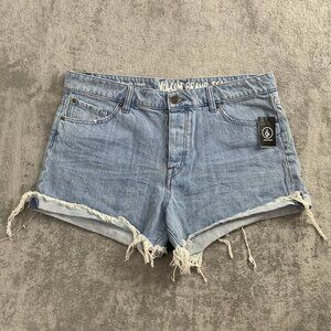 Volcom Shorts Womens 34 Stone Rolled Jorts Buttonfly Distressed Cuffed Denim